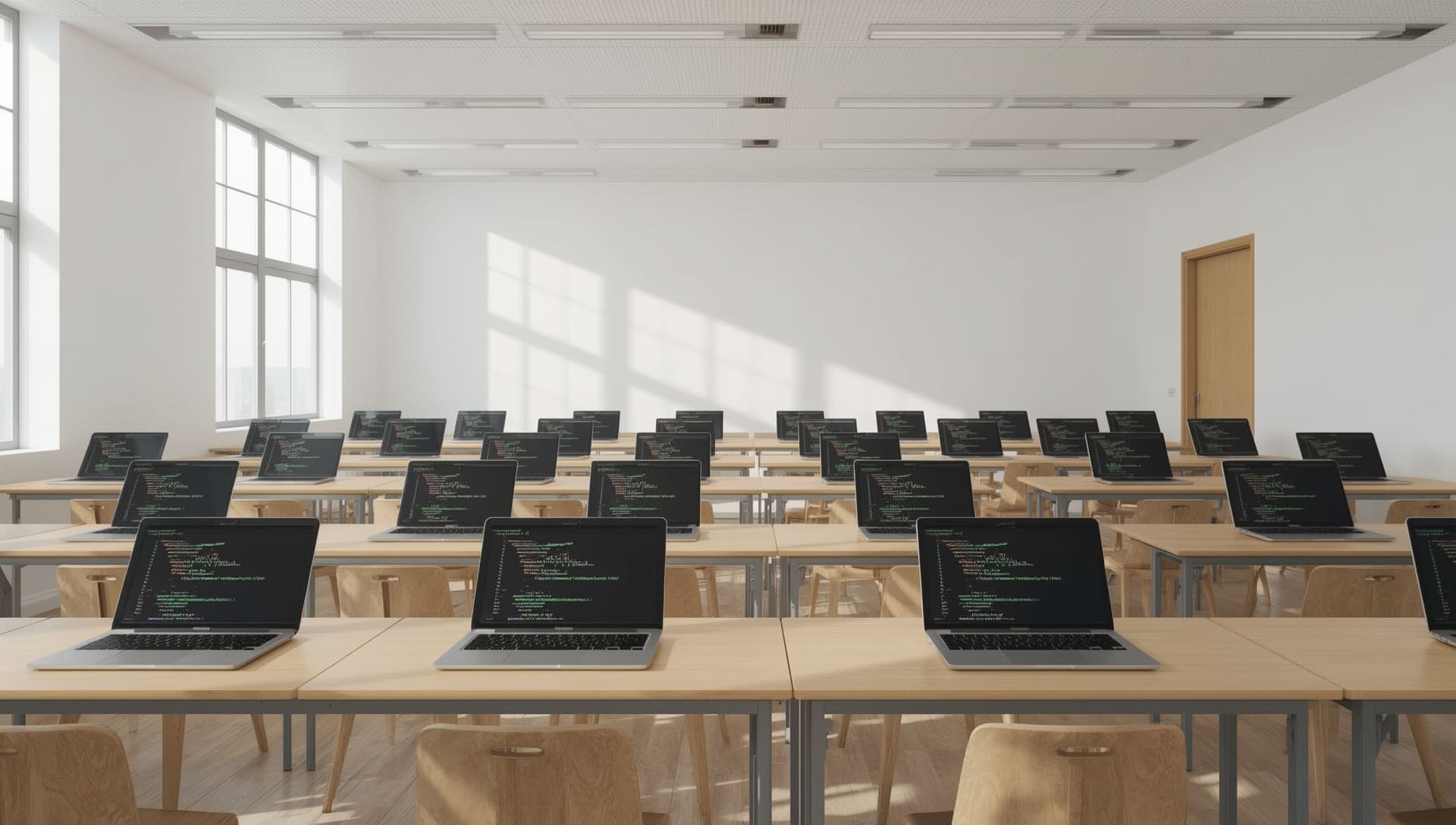 Classroom with rows of desks and laptops on a white background