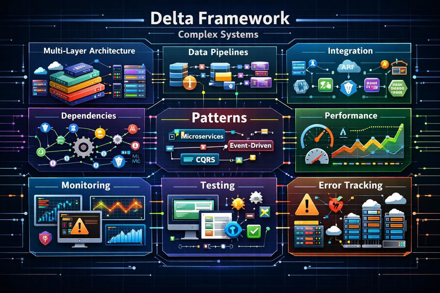 Diagram of the Delta Framework with various components on a dark background