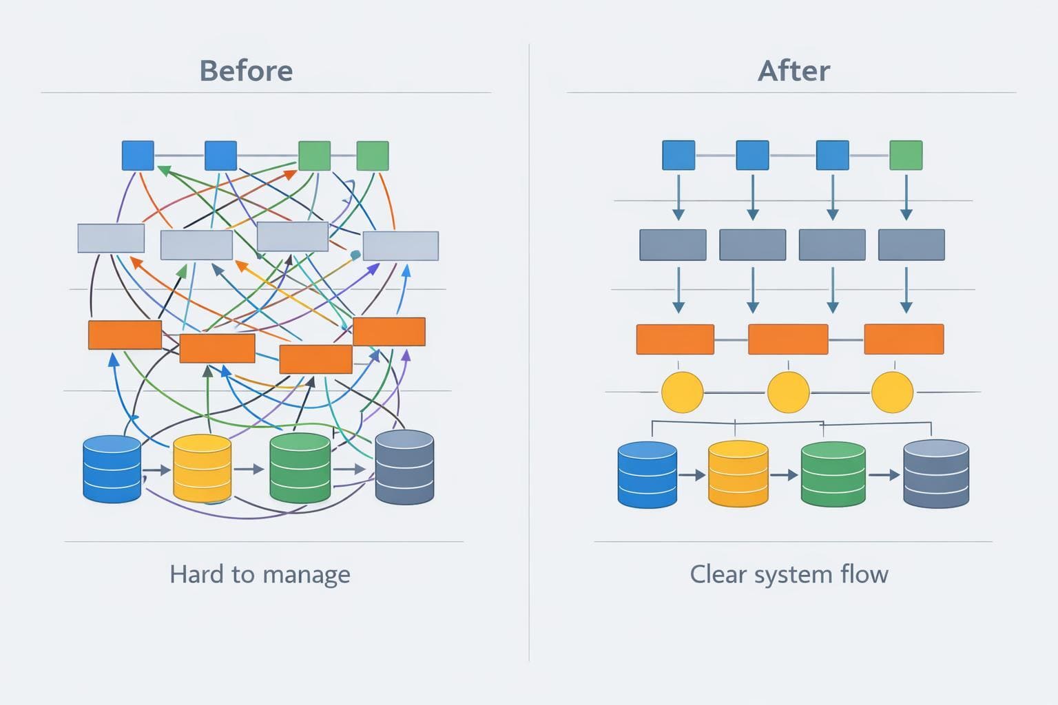 Comparison of a complex system diagram labeled 'Before' and a simplified version labeled 'After' on a white background.