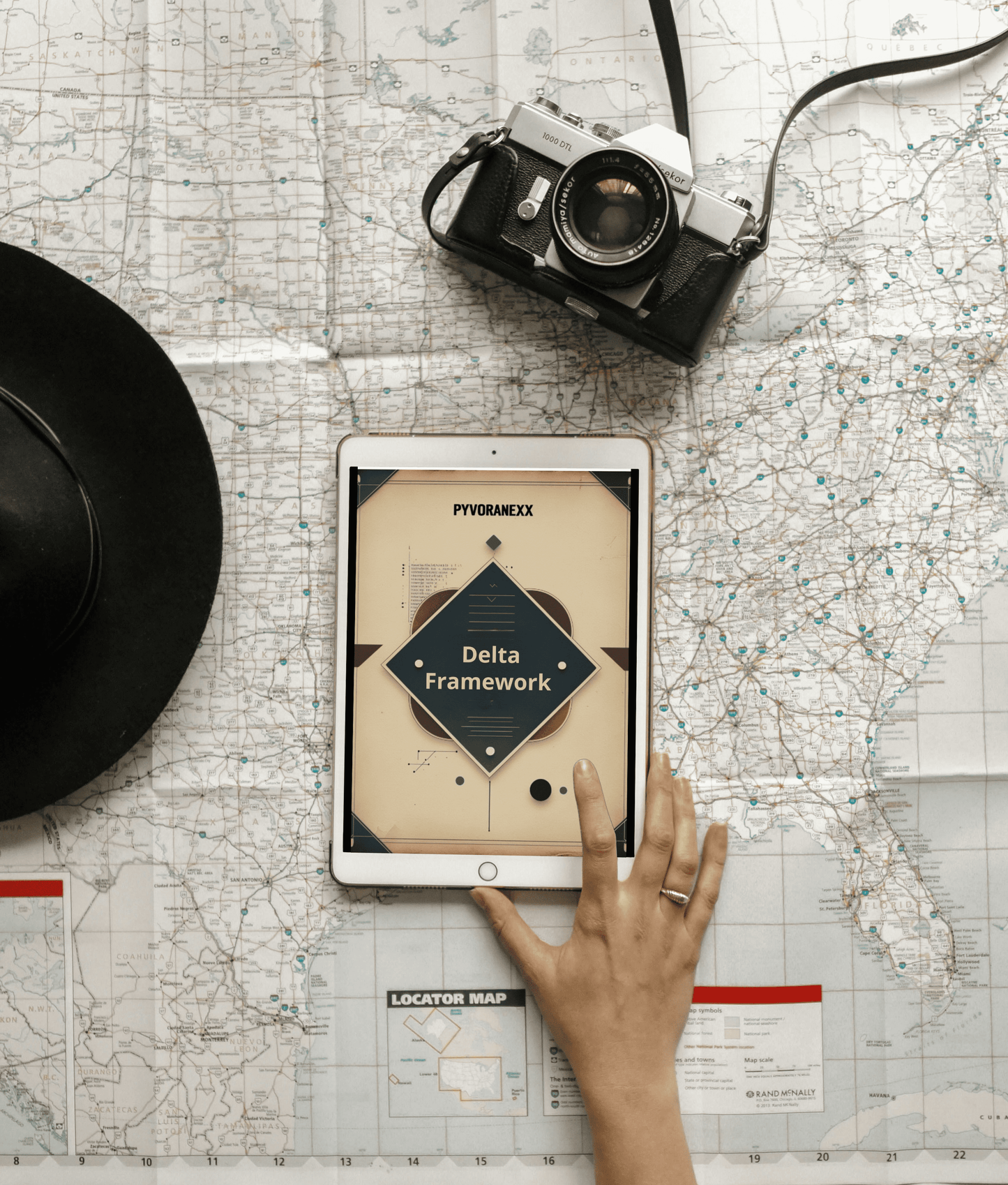 Person using a tablet on a map with a camera and hat nearby