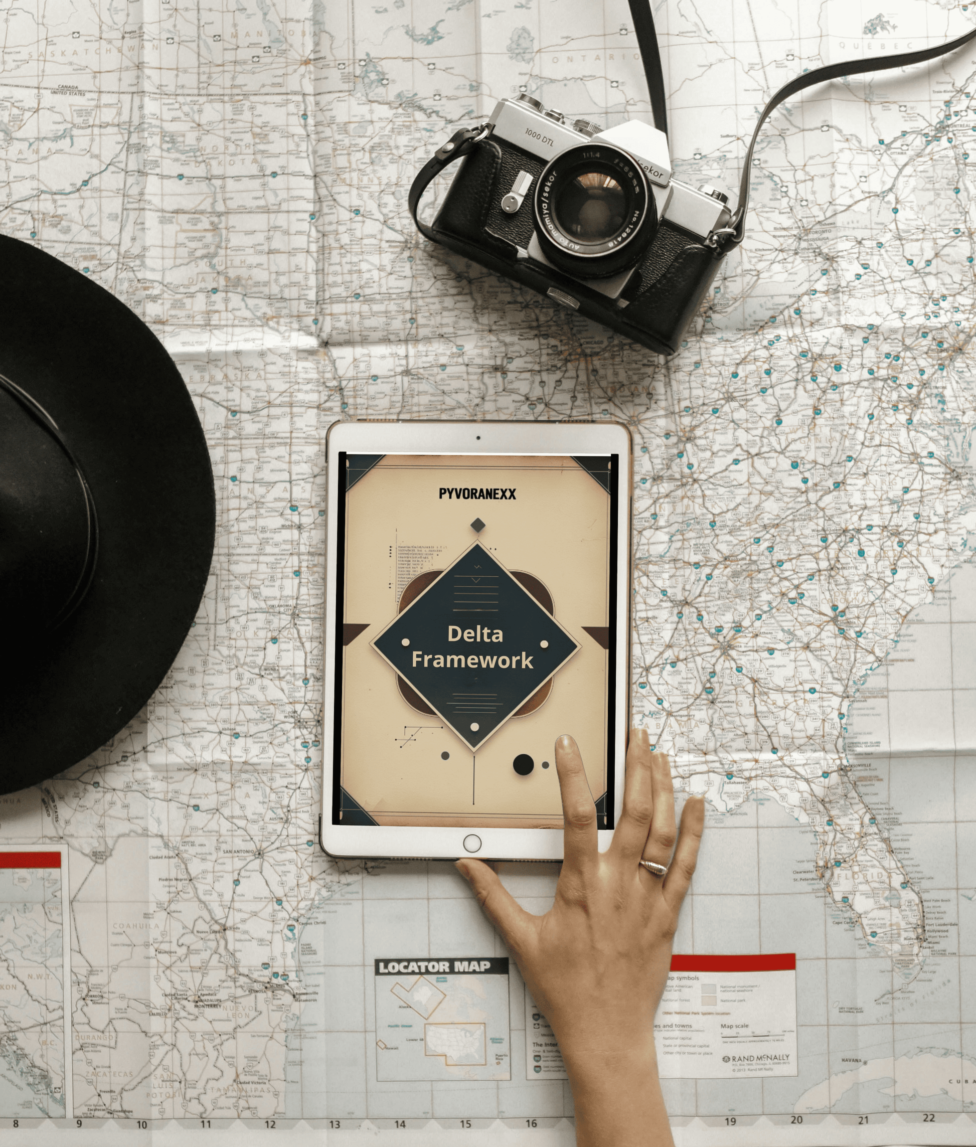 Person using a tablet on a map with a camera and hat nearby