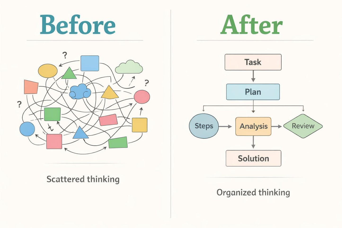 Comparison of scattered thinking with organized thinking using diagrams.