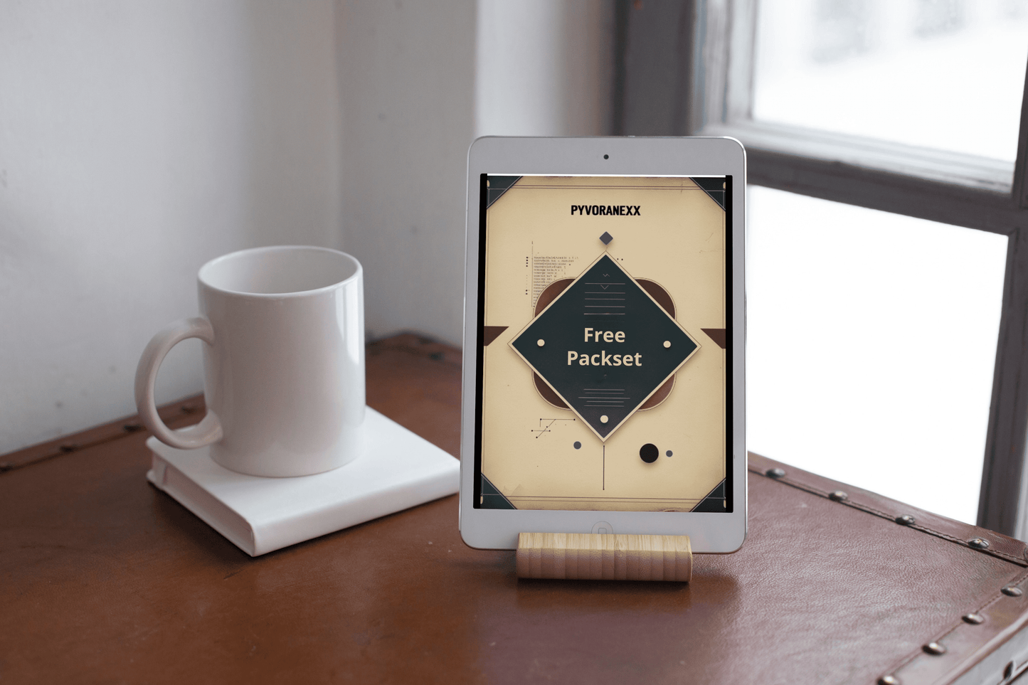 Tablet on a stand displaying a free packset offer, next to a white mug on a wooden surface.