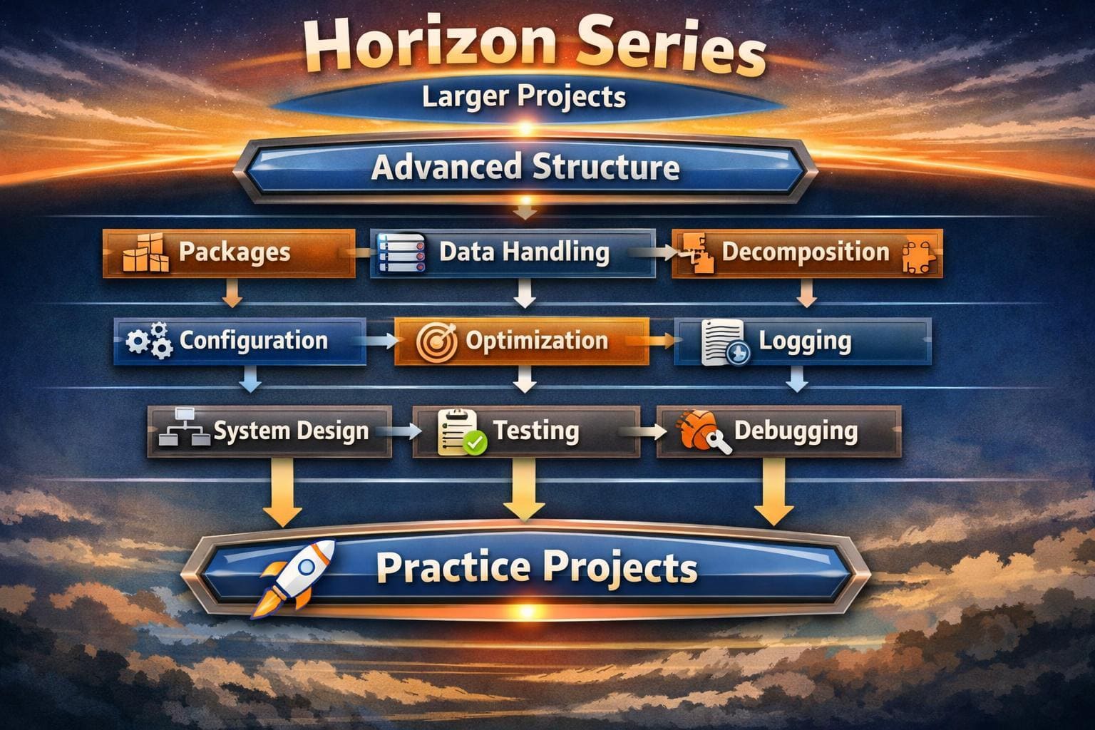Horizon Series educational chart with project management steps against a sunset sky background