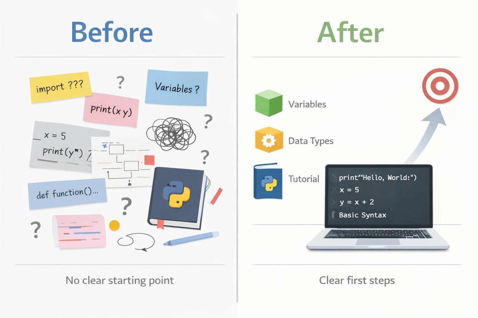 Before and after comparison of educational content on programming with text and icons.