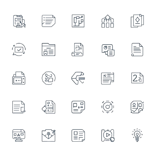 Set of various line art icons on a white background