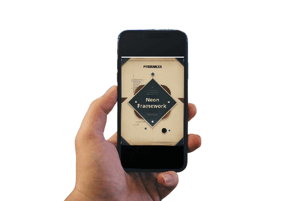 Hand holding a smartphone displaying a design app interface on a white background