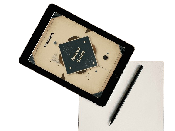 Futuristic device with 'Nexus' guide on a white background