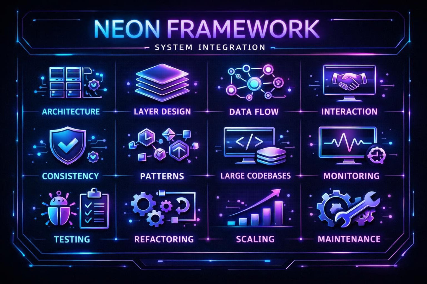 Neon Framework system integration diagram with various icons and text on a dark background