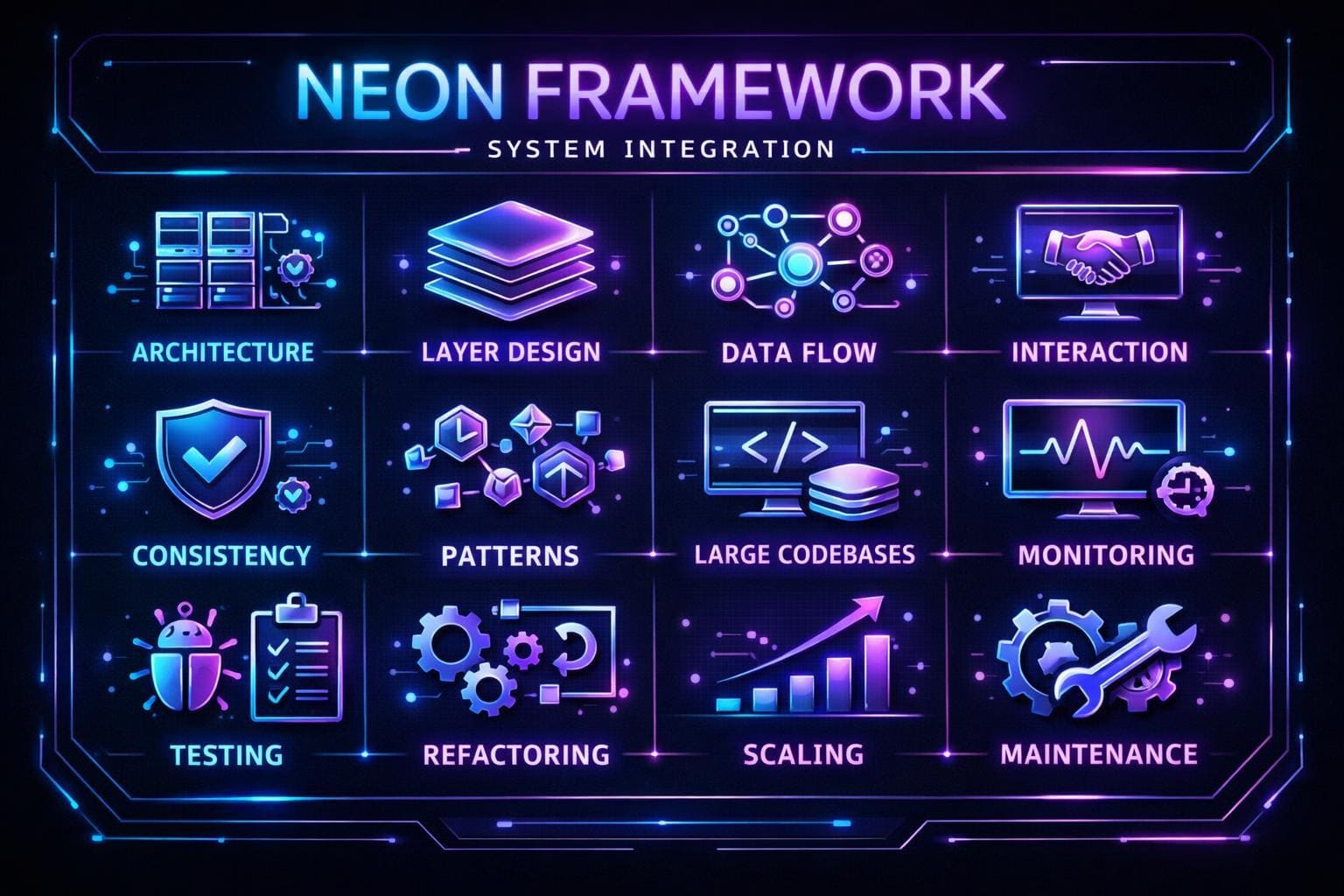 Neon Framework system integration diagram with various icons and text on a dark background