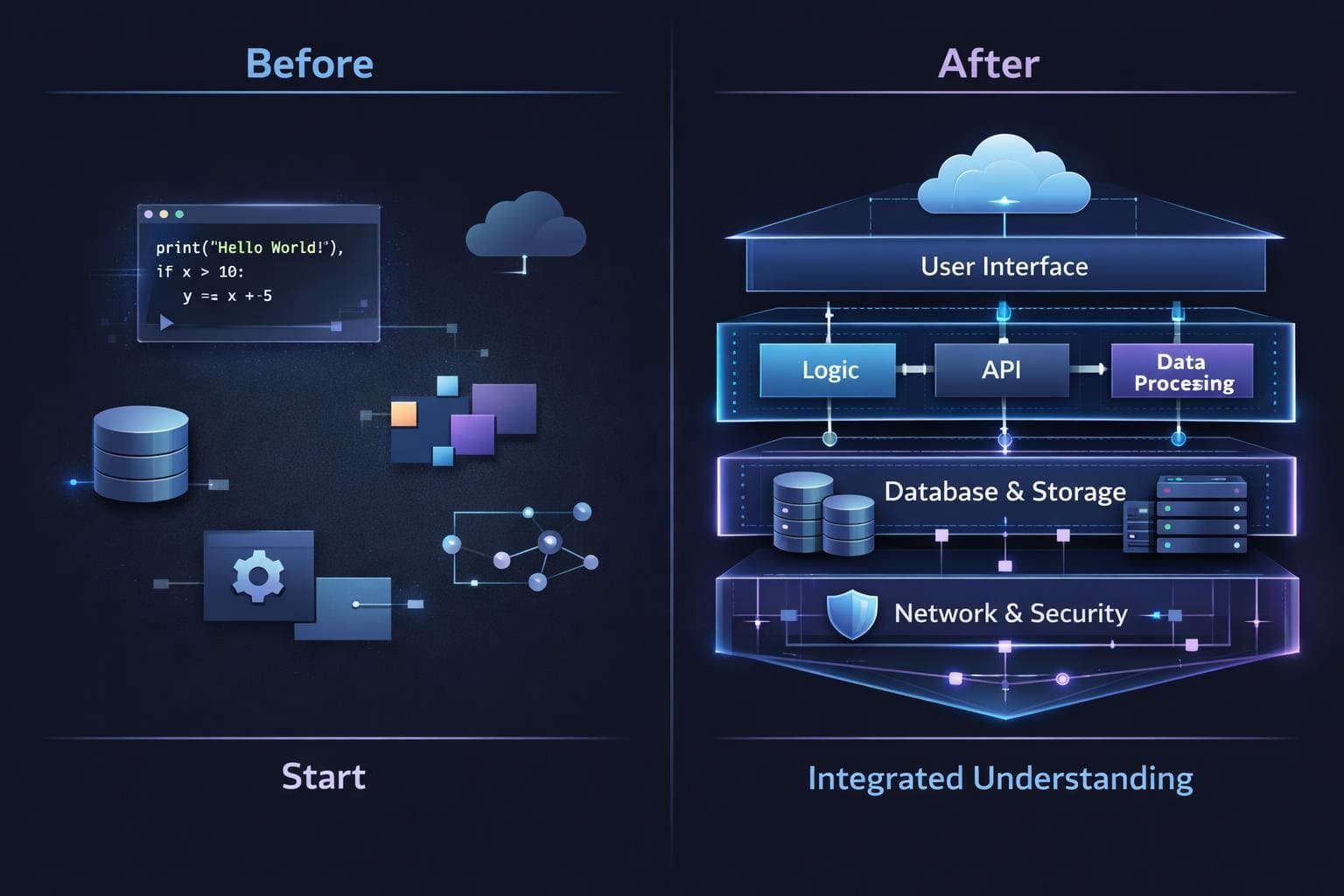 Diagram showing a software development process from start to finish with 'Before' and 'After' views.