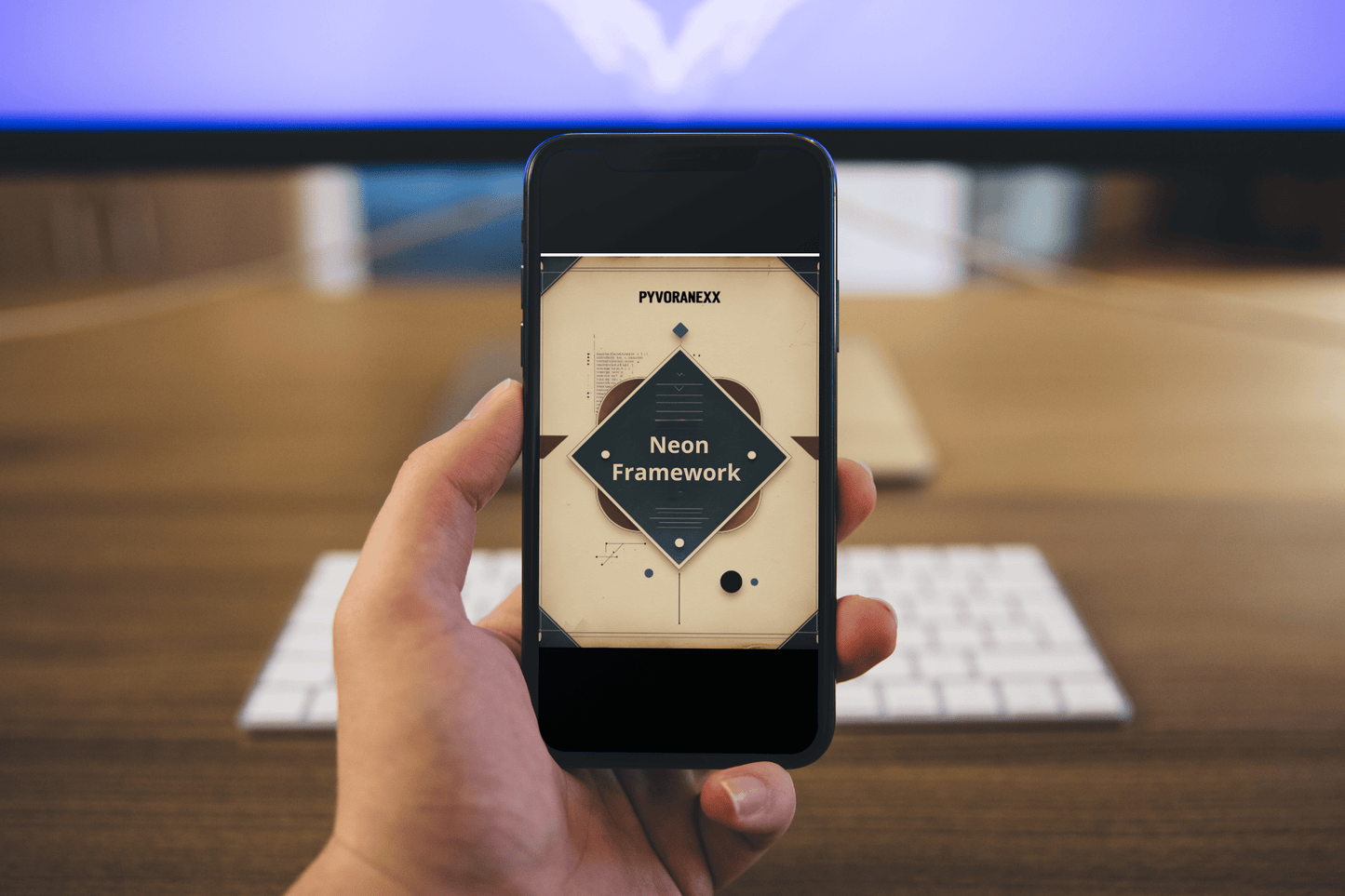 Hand holding a smartphone displaying a neon framework course on a blurred office desk background