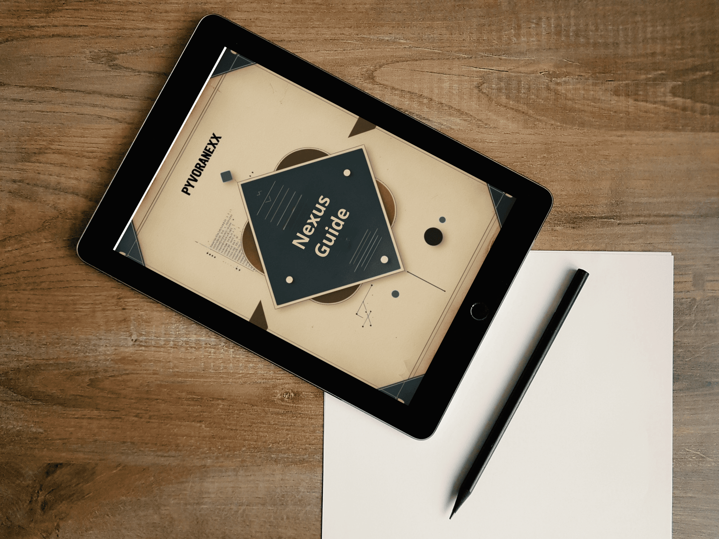 Tablet displaying a Nexus Guide on a wooden surface with a pen and paper.