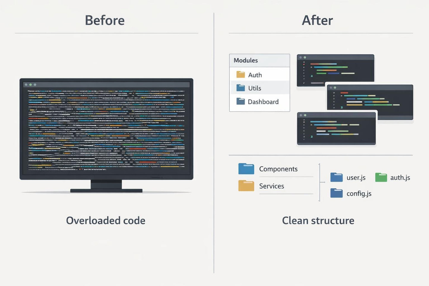 Comparison of overloaded code on a screen with a clean code structure diagram.