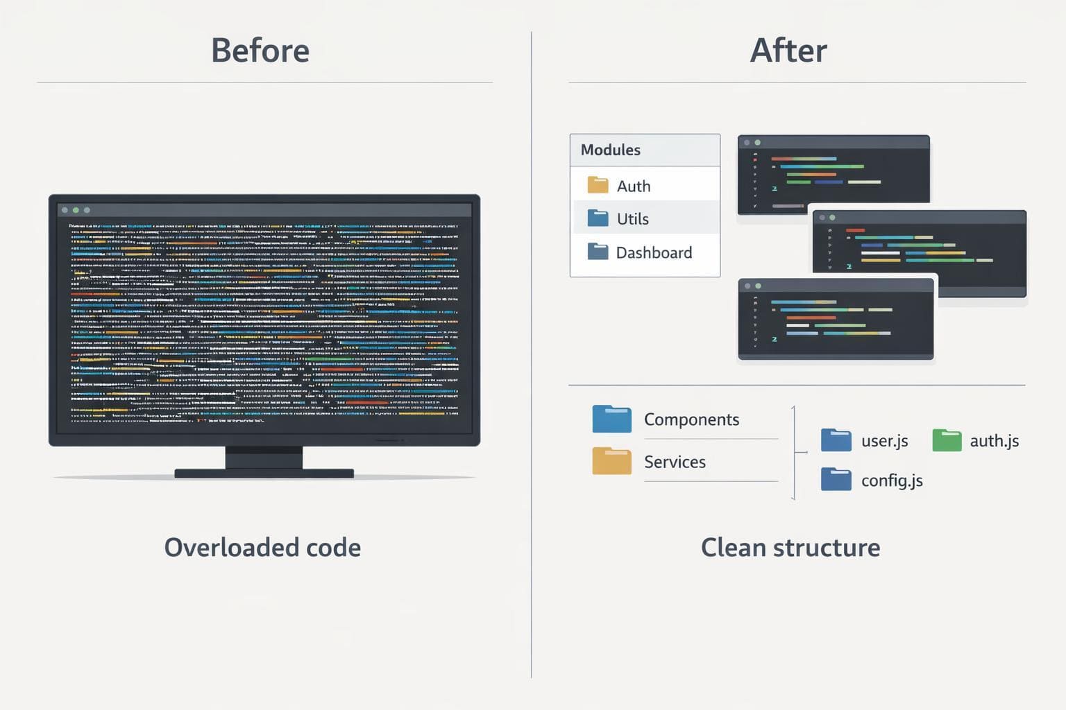 Comparison of overloaded code on a screen with a clean code structure diagram.