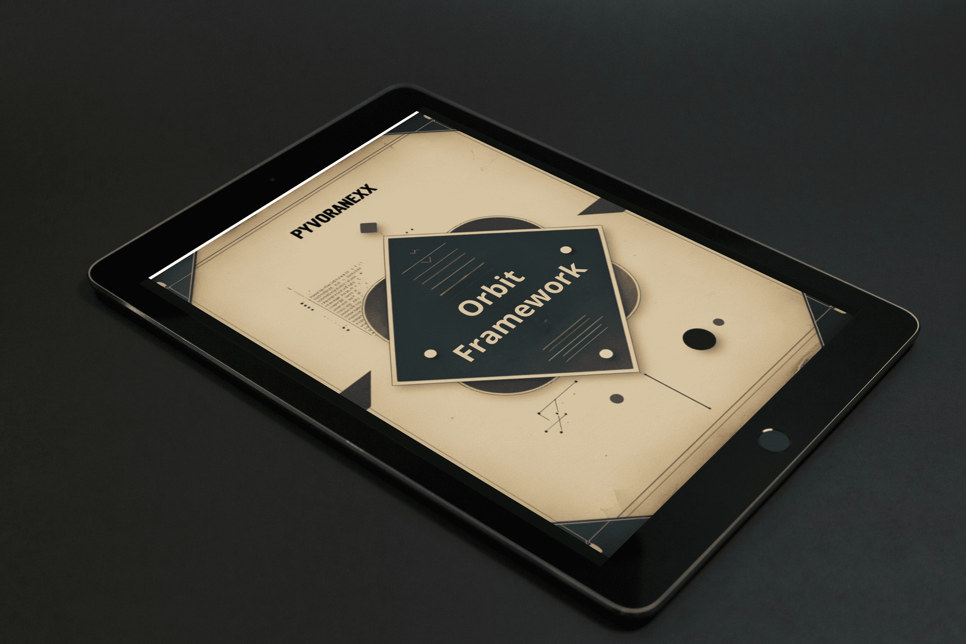 Tablet displaying a design software interface with 'Orbit Framework' on a dark background