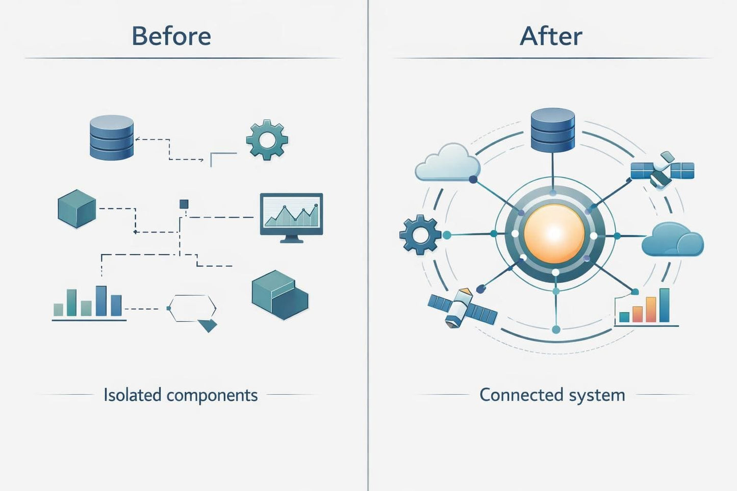 Diagram showing a transition from isolated components to a connected system.