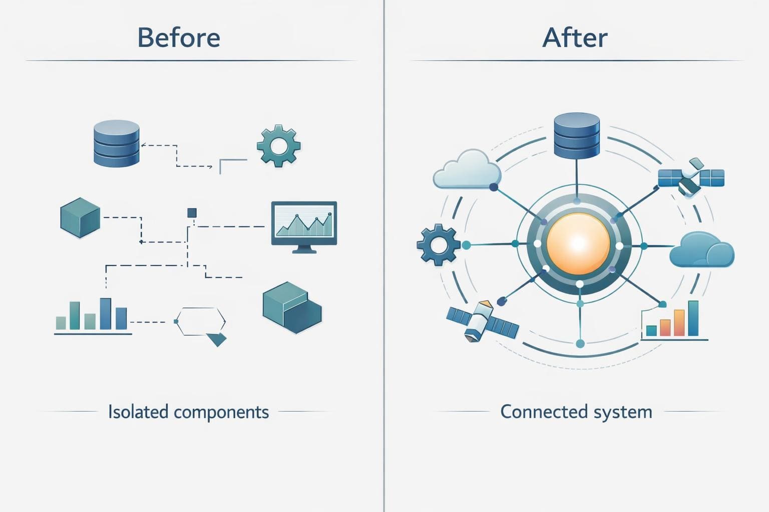 Diagram showing a transition from isolated components to a connected system.